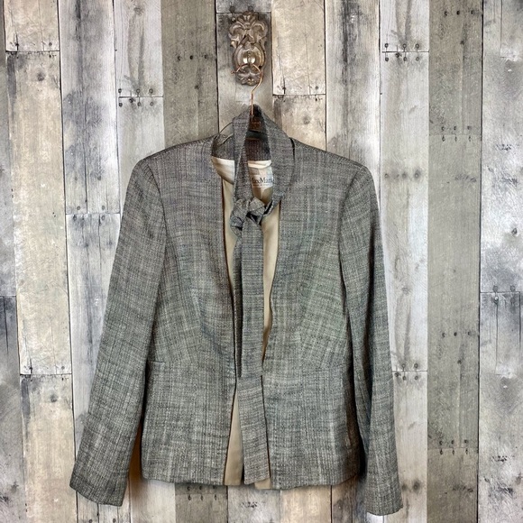 Max Mara Tweed Leather Trim Tie Waist Blazer in Grey Multi Size 10. - Picture 7 of 9